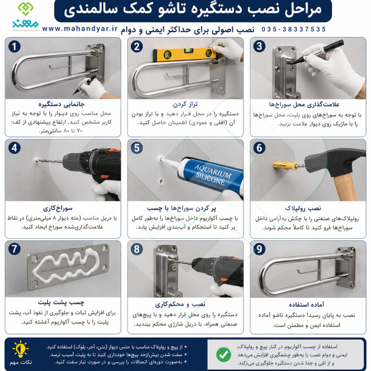 مراحل نصب دستگیره تاشو کمک سالمندی